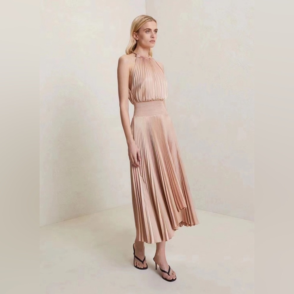 NEW A.L.C. Renzo II Satin Pleated Midi Sleeveless Dress in Bell Size 2 $595